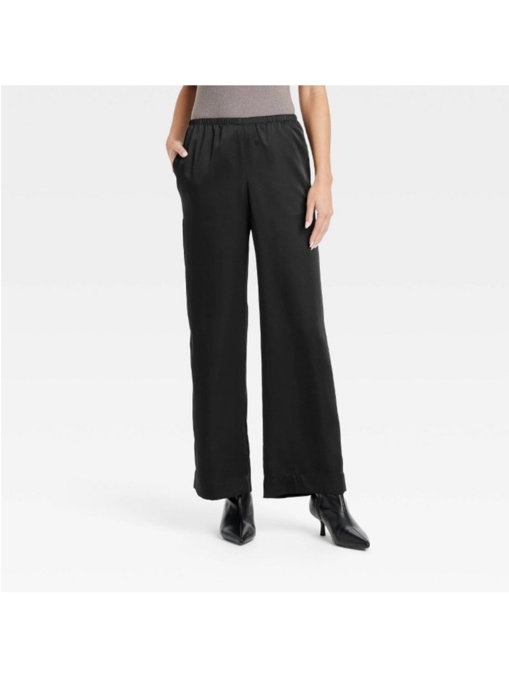 Women's Black Satin Wide-Leg Pull-On Pants